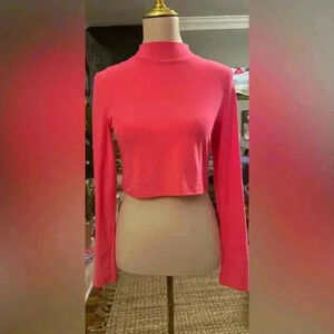 Feathers Pink Mock Neck Crop Blouse Large